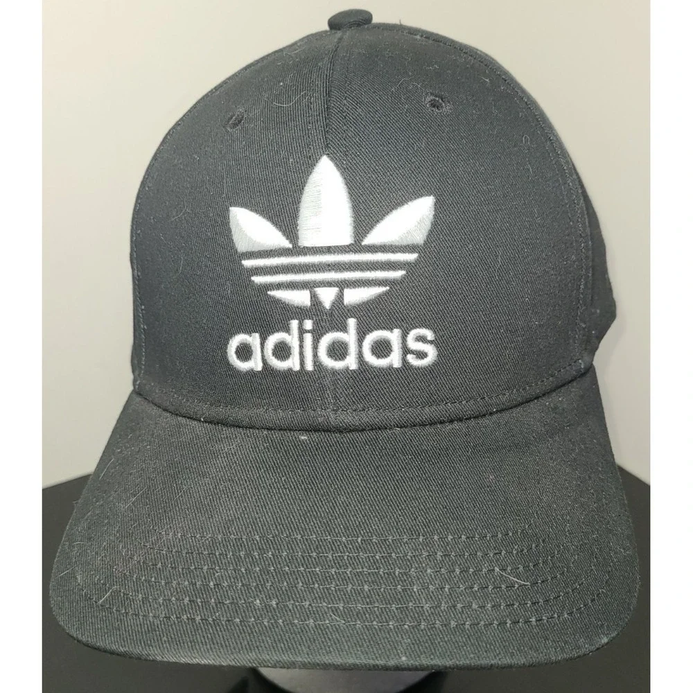 Adidas Hat Cap Adjustable Strap Back Black White Trefoil Spell Out Logo